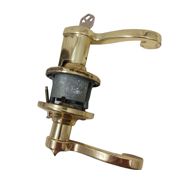 80s Brass French FRONT DOOR KNOB & DEADBOLT Fixtures w 2 Keys Gold Retro Handle - Picture 10 of 16